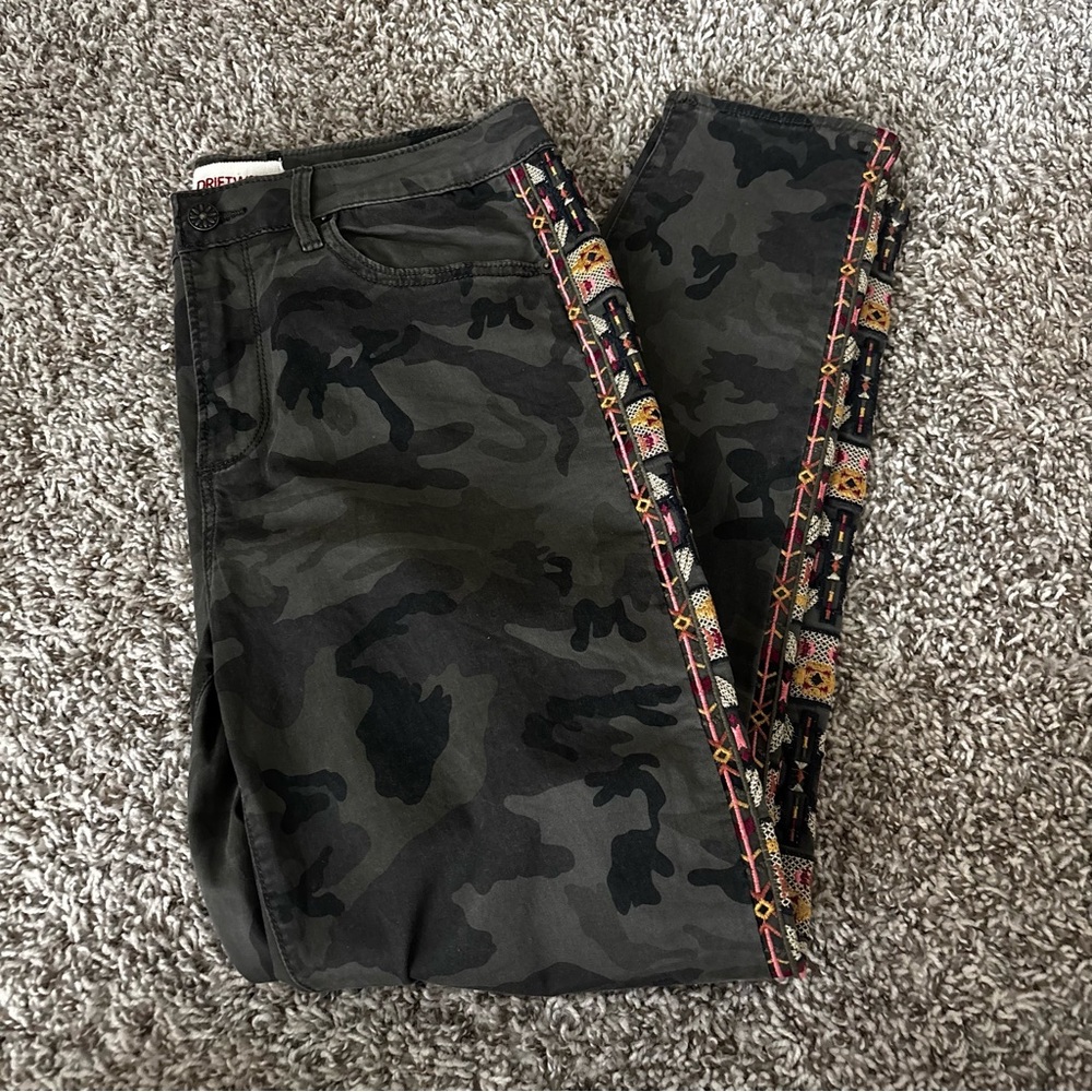 DRIFTWOOD High Rise Camouflage Jeans with Red and Orange Trim - Picture 14 of 14